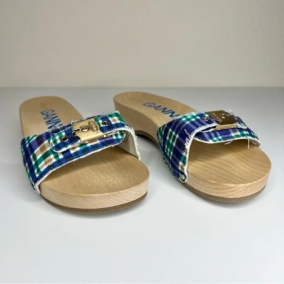 GANNI x Dr. Scholl's Blue Plaid Buckle Wooden Clog Slides Sandals Retro NEW - Picture 12 of 14
